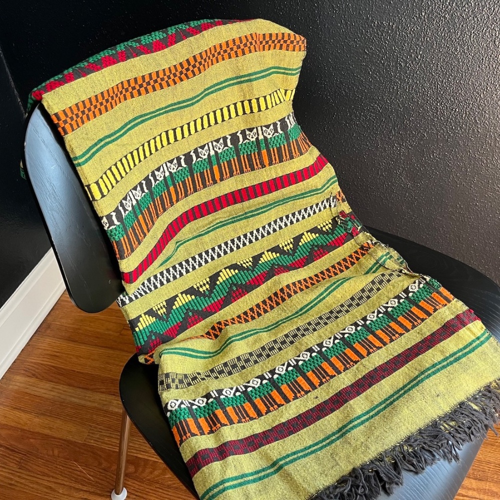 Handwoven Guatemalan Textile Fringe Tablecloth Coverlet Green 33 x 74 Birds Cat